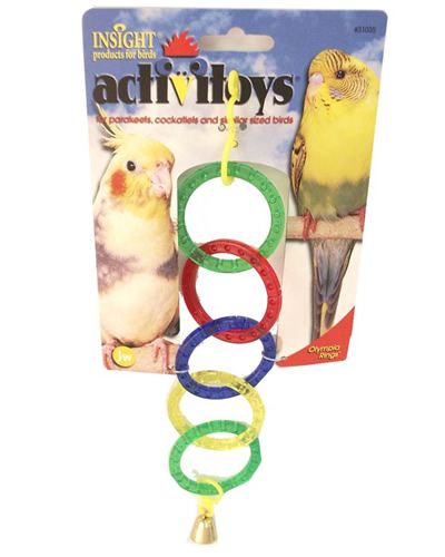 Vibrant, interlocking Olympia Rings bird toy by JW Pet with colorful, textured rings and a playful bell for small birds.
