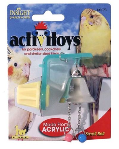 Shiny acrylic bird toy with a dangling bell, pull chain, and colorful beads, designed to entertain small birds like parakeets.