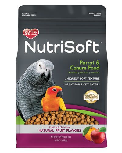 Vibrant 3lb bag of Kaytee NutriSoft Parrot & Conure food, showcasing a soft, fruit-flavored diet for pet birds.