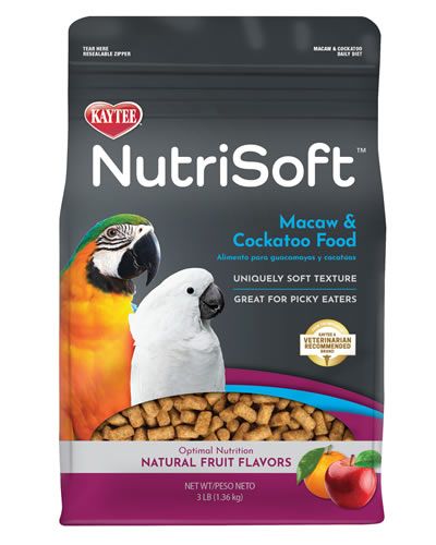 Vibrant 3lb bag of Kaytee NutriSoft Macaw & Cockatoo food, showcasing a soft-textured, fruit-flavored bird diet.