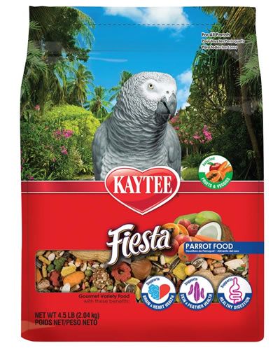 Vibrant mix of Kaytee Parrot Fiesta Max bird food with colorful fruits, veggies, nuts, and seeds in a 4.5lb pack.