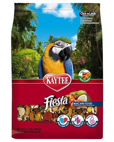 Vibrant mix of Kaytee Fiesta Max Macaw bird food with colorful fruits, veggies, nuts, and seeds for a nutritious feast.