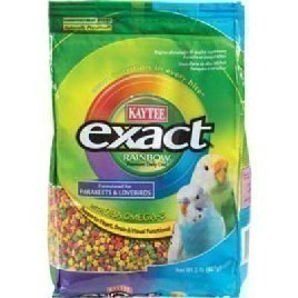 Vibrant 2lb bag of Exact Rainbow Parakeet/Lovebirds food, showcasing colorful, nutrient-rich nuggets for healthy birds.
