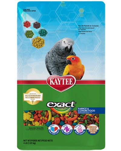 Vibrant Kaytee Exact Rainbow Parrot/Conure food nuggets in a colorful mix of shapes, promising nutrition and less mess.