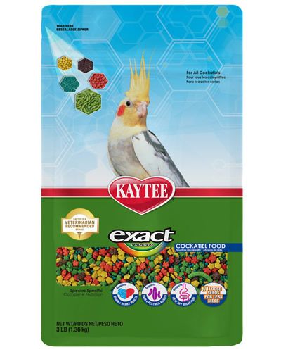 Vibrant 3lb bag of Kaytee Exact Rainbow Cockatiel food, showcasing colorful, nutrient-rich nuggets for healthy birds.