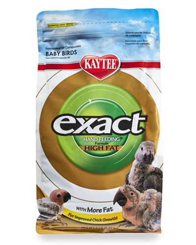 Vibrant container of 5lb Kaytee Exact Hand Feeding Formula High Fat, designed for nurturing baby parrots with a nutrient-rich blend.