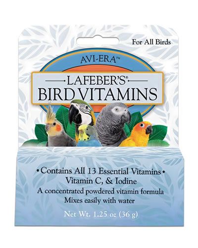 Vibrant 1.25oz jar of Lafebers Avi-Era Vitamin Powder, a colorful, essential health supplement for birds.