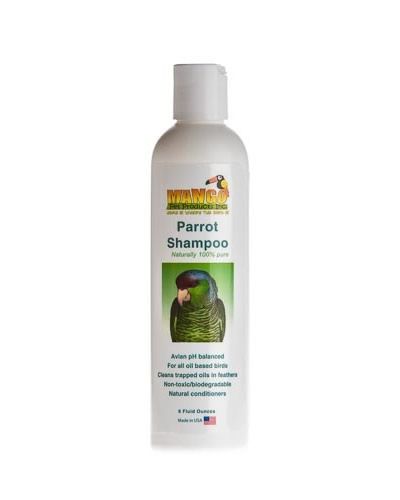 Vibrant bottle of Mango Parrot Shampoo, designed to clean and brighten your bird's feathers with a refreshing tropical scent.