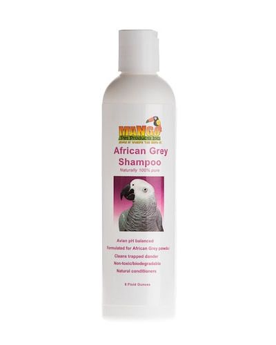 Vibrant bottle of African Grey Shampoo in Mango scent, designed to clean and brighten parrot feathers with a tropical aroma.