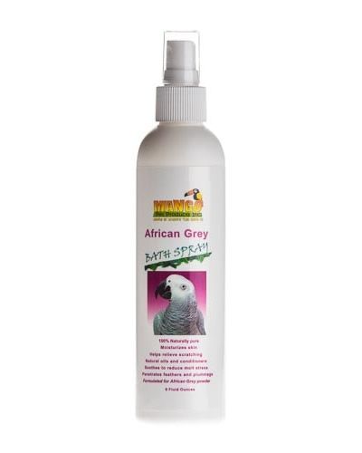 Refreshing Mango African Grey Bath Spray in a sleek bottle, designed to moisturize and soothe your bird's skin with natural ingredients.