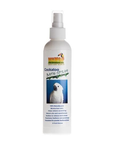 Refreshing Mango Cockatoo Bath Spray by Mango Pet Products, featuring a natural, soothing blend for bird skin care.