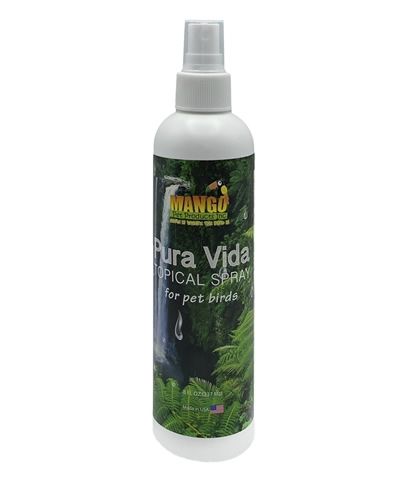 Vibrant 8oz Pura Vida Avian Topical Spray in Mango scent, designed to hydrate and restore luster to your bird’s feathers.