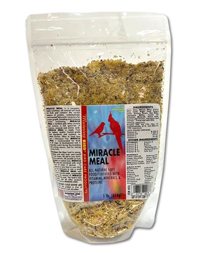 Vibrant 1lb pack of Morning Bird Miracle Meal, a nutrient-rich, all-natural soft food for birds, bursting with essential proteins and fatty acids.