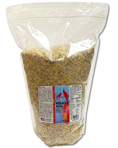 Vibrant 9lb bag of Morning Bird Miracle Meal, a nutrient-rich, all-natural soft food for birds, packed with essential proteins and fatty acids.