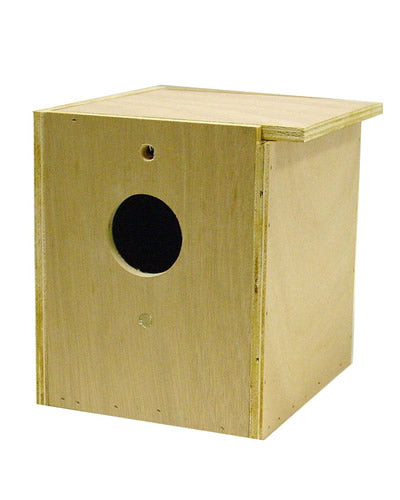 Cozy wooden LoveBird Cockatiel Nesting Box, perfect for nesting, with a spacious 11.25" x 9.5" x 9.75" design for inside or outside mounting.