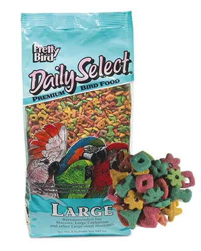 Vibrant 3lb bag of Pretty Bird Daily Select Large Parrot Food, showcasing colorful, fruit-shaped pellets for healthy birds.