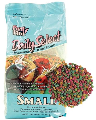 Vibrant 5lb bag of Pretty Bird Daily Select Small Bird food, bursting with colorful, fruit-shaped pellets for parakeets and cockatiels.