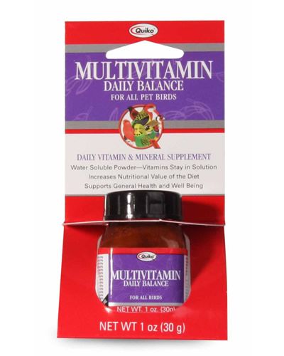 Vibrant 1oz jar of Quiko Multivitamin Powder by Sun Seed, a daily health boost for birds with essential vitamins.
