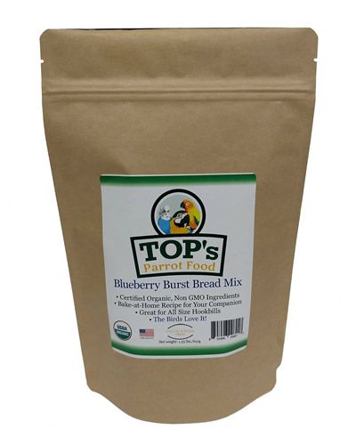 Freshly prepared Blueberry Burst Bread Mix by TOP's, showcasing a vibrant 1.35lb bag of organic, bird-friendly ingredients.
