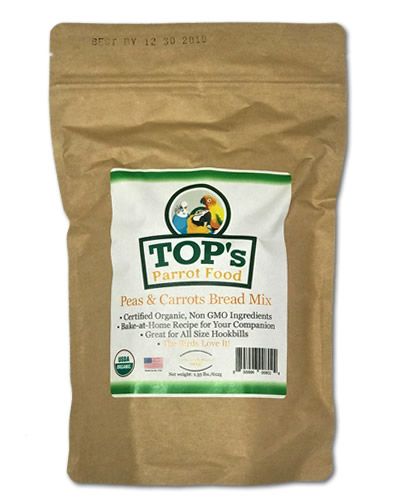 Vibrant bag of TOP's Peas & Carrots Bread Mix, showcasing a 1.35lb pack of organic, colorful ingredients for bird treats.