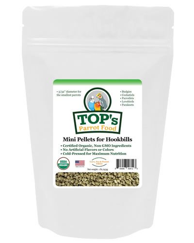 Tiny, organic 1lb Mini Pellets by TOP's Parrot Food, specially sized for small hookbills like budgies and lovebirds.