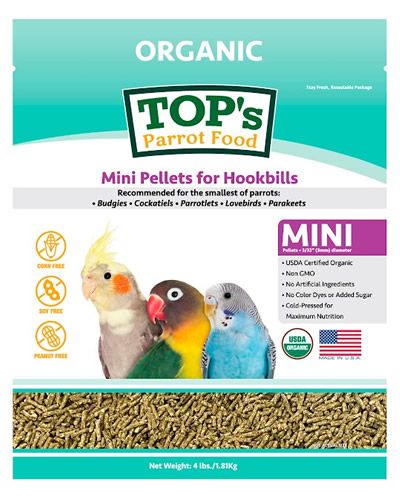 Vibrant 4lb bag of TOP's Parrot Food Mini Pellets, organic and ideal for small hookbills like budgies and lovebirds.