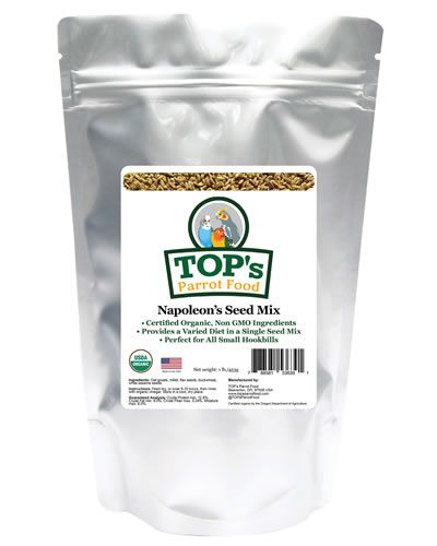 Vibrant mix of organic seeds in TOP's Napoleon's Seed Mix, ideal for small parrots like cockatiels and parakeets.