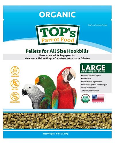 Vibrant 4lb bag of TOP's Parrot Pellets, showcasing organic, cold-pressed 1/4" pellets ideal for all parrot sizes.