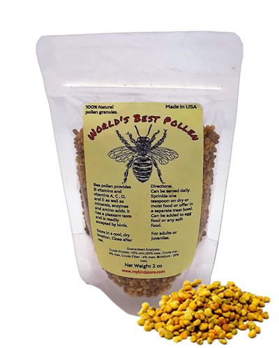 Vibrant 2oz jar of World's Best Bee Pollen granules, showcasing golden, nutrient-rich specks for pets and birds.