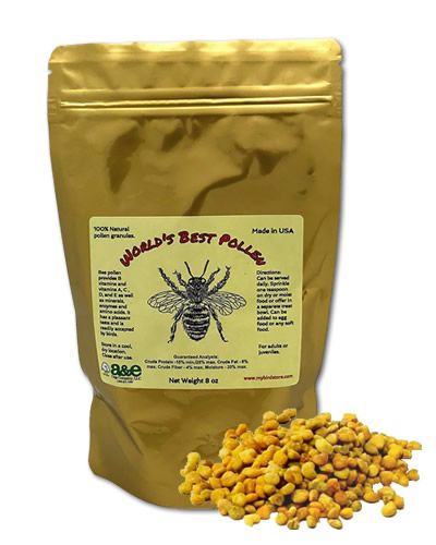 Vibrant 8oz jar of World's Best Bee Pollen granules, showcasing golden, nutrient-rich specks ideal for birds and pets.