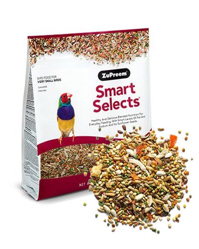 Vibrant mix of Smart Selects Bird Food for very small birds like canaries and finches, packed in a 2lb bag by Zupreem.