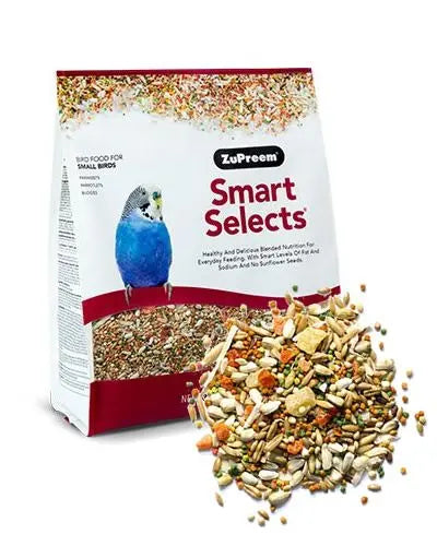 Vibrant mix of Smart Selects Bird Food for small birds like parakeets, featuring a colorful, nutritious blend in a 2lb bag.
