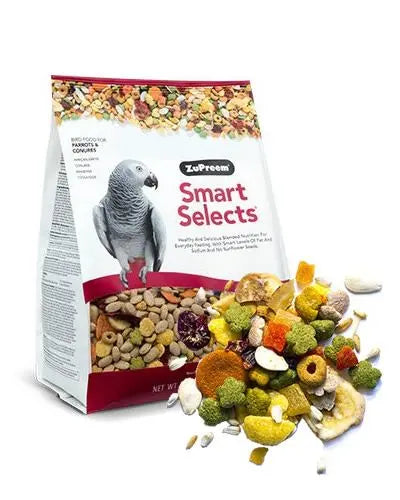 Vibrant mix of Smart Selects Bird Food for Parrots and Conures by Zupreem, featuring a colorful 4lb blend of nutritious pellets and seeds.