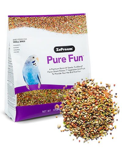 Vibrant mix of seeds, colorful FruitBlend pellets, veggies, and fruits in a 2lb bag of Pure Fun Bird Food for small birds.