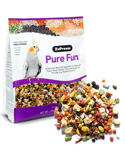 Vibrant mix of vegetables, fruits, seeds, and colorful FruitBlend pellets in Pure Fun Bird Food for medium birds.