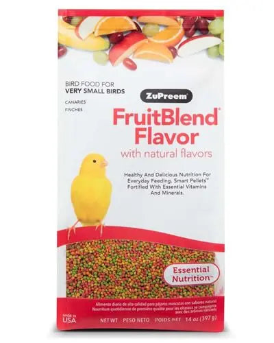Vibrant Zupreem X-Small Canary/Finch Fruit Blend in a 0.875lb bag, showcasing colorful pellets packed with fruity flavors and essential nutrients.