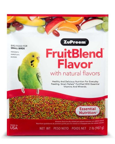 Vibrant 2lb bag of Zupreem Small Parakeet Fruit Blend, showcasing a colorful mix of nutritious bird food pellets.