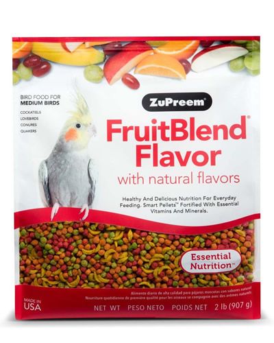 Vibrant 2lb bag of Zupreem Medium Cockatiel Fruit Blend, packed with colorful fruit-flavored pellets for bird nutrition.