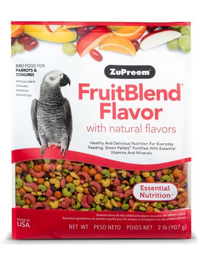 Vibrant 2lb bag of Zupreem Fruit Blend for medium to large parrots, showcasing colorful pellets with natural fruit flavors.