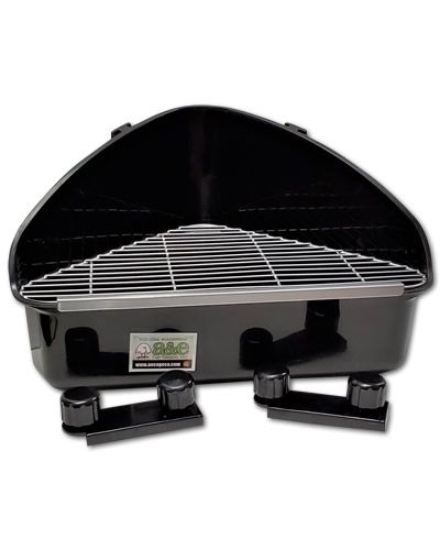 Corner litter pan for ferrets and rabbits by A&E Cage Co., featuring a removable grate and secure cage attachment.