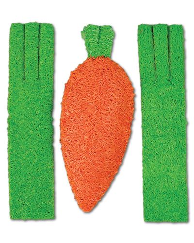 Colorful loofah carrot and celery chew toy for pets, crafted in a fun veggie shape, measuring 4.5 inches long.