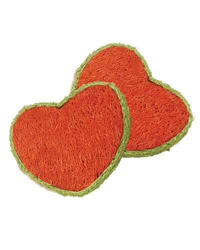 Charming loofah hearts chew toy for pets, featuring a vibrant, heart-shaped design, measuring 2-3/4" long by 2" wide.