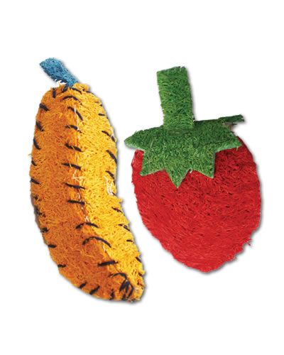 Vibrant loofah toy shaped like a banana and strawberry, perfect for small pets to nibble, measuring 3 inches long.