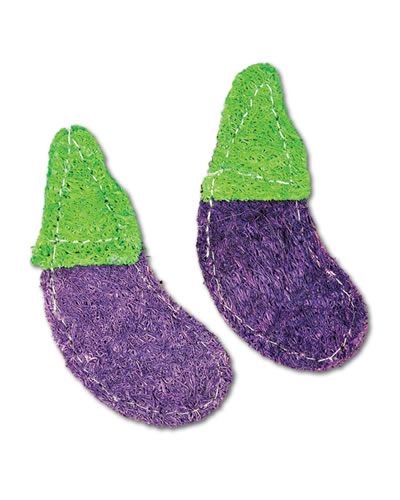 Colorful loofah eggplants chew toy set, featuring two small, textured nibbles for pets, sized 3 inches long.