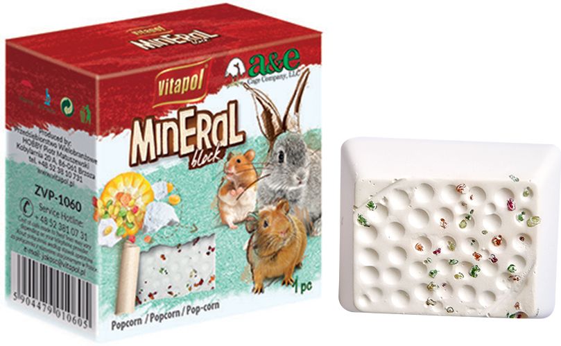 Crunchy Vitapol small popcorn mineral block in a fun shape, perfect for small pets like hamsters and rabbits to nibble on.