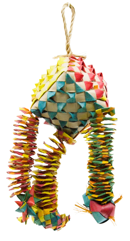 Vibrant Med Diamond Bouncer toy for birds, featuring a woven square bursting with long strands, a star, and smaller squares.