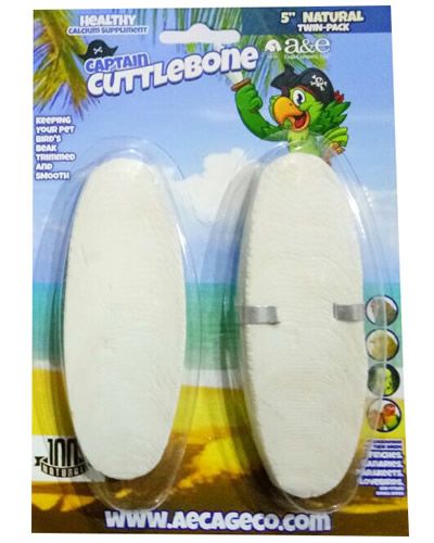 Two 5-inch natural cuttlebones from Captain Cuttlebone, showcasing their rough, textured surface for bird beak health.