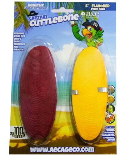 Two 5-inch flavored cuttlebones from Captain Cuttlebone, designed to support bird beak health with natural calcium.