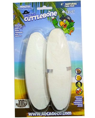 Natural 6-inch cuttlebone 2-pack from Captain Cuttlebone, ideal for bird beak health, with a rough, textured surface.