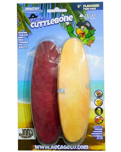 Vibrant 6-inch flavored cuttlebone 2-pack by Captain Cuttlebone, designed for birds to support beak health and provide essential calcium.
